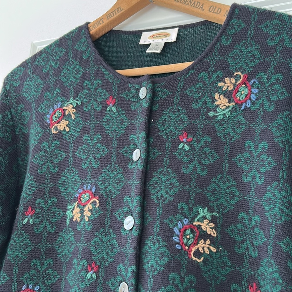 Vtg Talbots Petites Embroidered Cardigan Sweater Black & Green Cottagecore Med